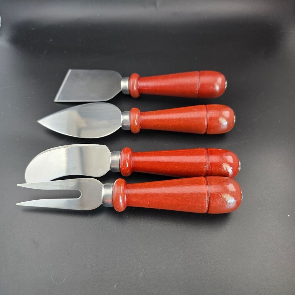 4-Piece Stainless Steel Cheese Knife Set With Red Wooden Handles Charcuterie - Picture 6 of 8